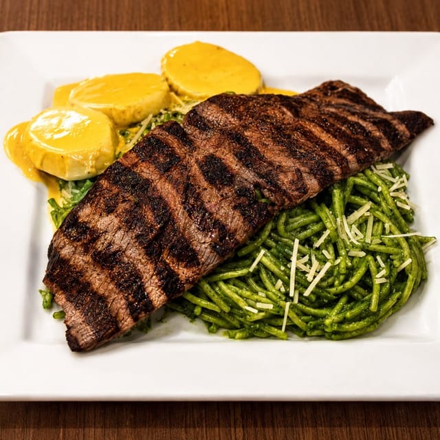 Grilled Steak with Pasta Al Pesto Platter / Tallarines Verdes Con Carne a La Parrilla.