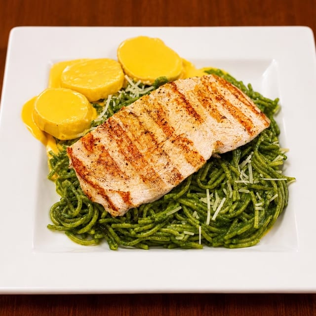 Grilled Chicken Breast with Pasta Al Pesto Platter / Tallarines Verdes Con Pollo a La Parrilla.