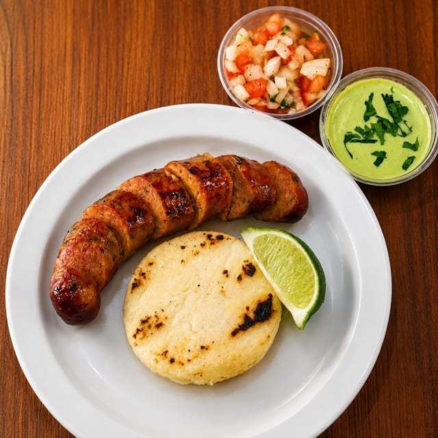 Colombian Sausage with Corn Cake / Chorizo Con Arepa.